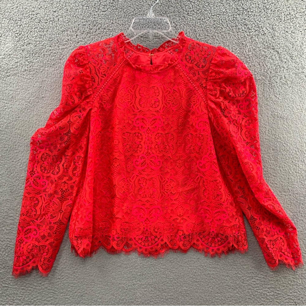 Lilly Pulitzer Averi White Puff Sleeve Top Scalloped Hem Red Hot Pink Two Tone L - Picture 1 of 12